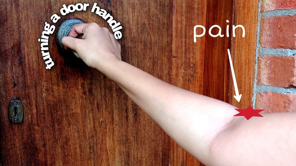 Person feeling outer elbow pain while turning a door handle, a common sign of tennis elbow